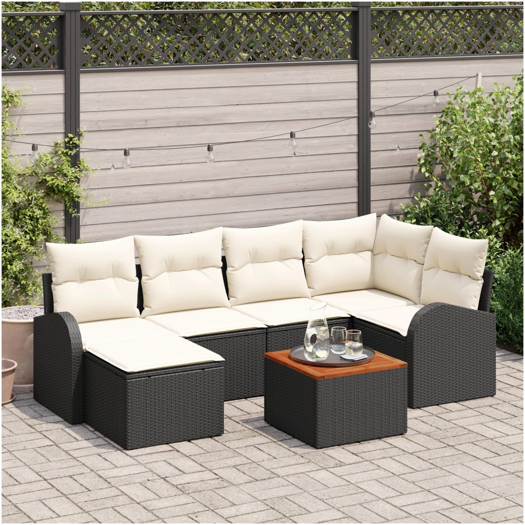 Trädgårdssoffgrupp 7 pcs Svart, vit Polyrattan, trä vidaXL Stort