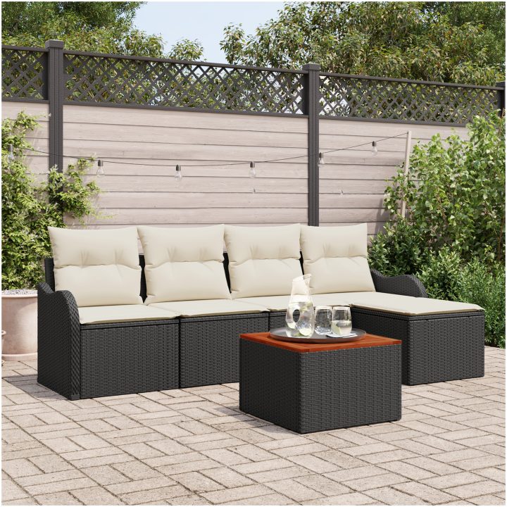 Trädgårdssoffset 6 pcs Svart, vit Rattan, Polyester, Stål vidaXL Stor – bild 3