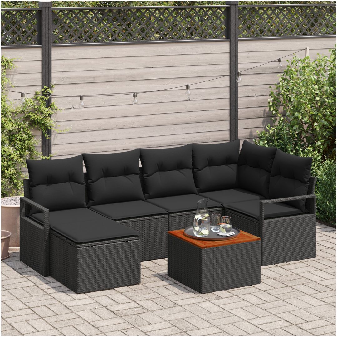 Trädgårdssoffset 7 pcs Svart Rattan, träställning vidaXL Stor