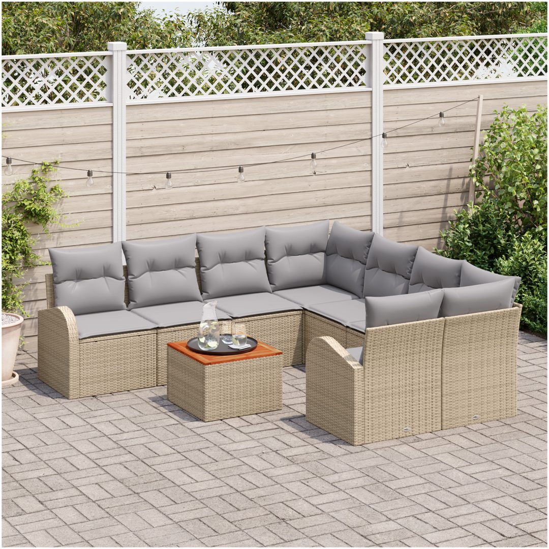 Trädgårdssoffset 9 pcs Beige, ljusgrå Rattan och polyester vidaXL Stor – bild 3