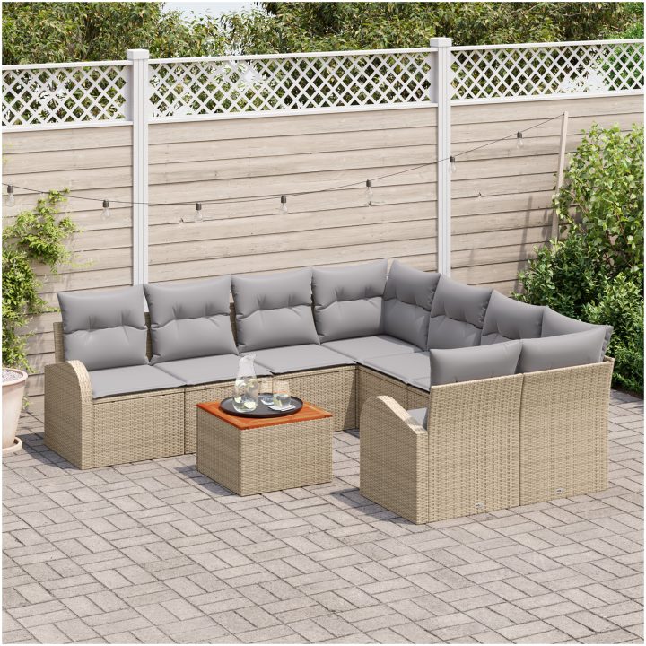 Trädgårdssoffset 9 pcs Beige, ljusgrå Rattan och polyester vidaXL Stor – bild 3