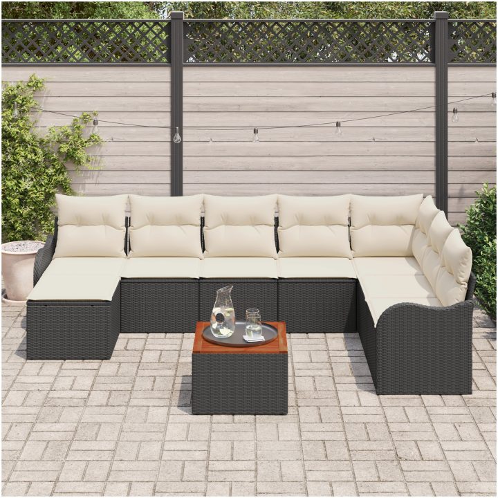 Trädgårdssoffset 9 pcs Svart, vit Plast och Rattan vidaXL Stor – bild 3