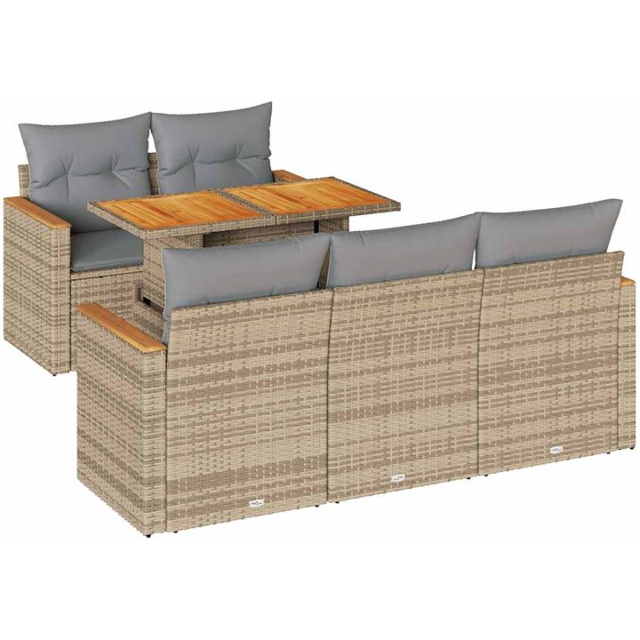Trädgårdssoffset med dynor 6 delar beige konstrotting akaciaträ vidaXL – bild 2