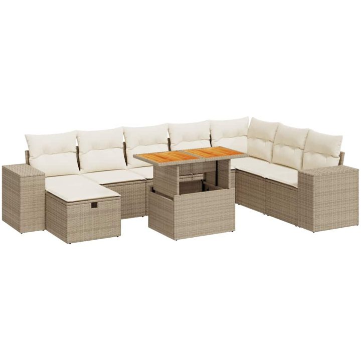 Trädgårdssoffset med dynor 9 delar beige konstrotting akacia vidaXL – bild 2