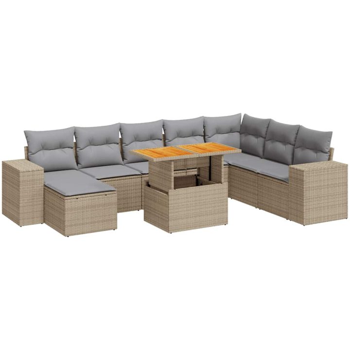 Trädgårdssoffset med dynor 9 delar beige konstrotting akaciaträ vidaXL – bild 2