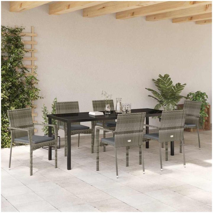 Trädgårdsstol Set med kudde 7 pcs Grå vidaXL 200 x 80 x 73 cm – bild 4