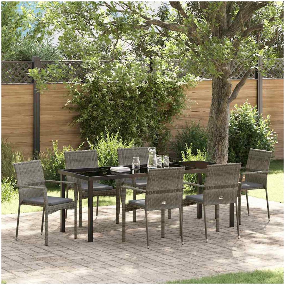 Trädgårdsstol Set med kudde 7 pcs Grå vidaXL 200 x 80 x 73 cm