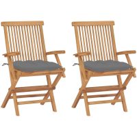 Trädgårdsstolar 2 st med gråa dynor massivt teakträ vidaXL