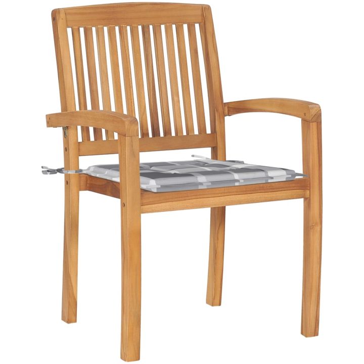 Trädgårdsstolar 2 st med grårutiga dynor massiv teak vidaXL – bild 2