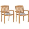Trädgårdsstolar 2 st med grårutiga dynor massiv teak vidaXL – miniatyr 1