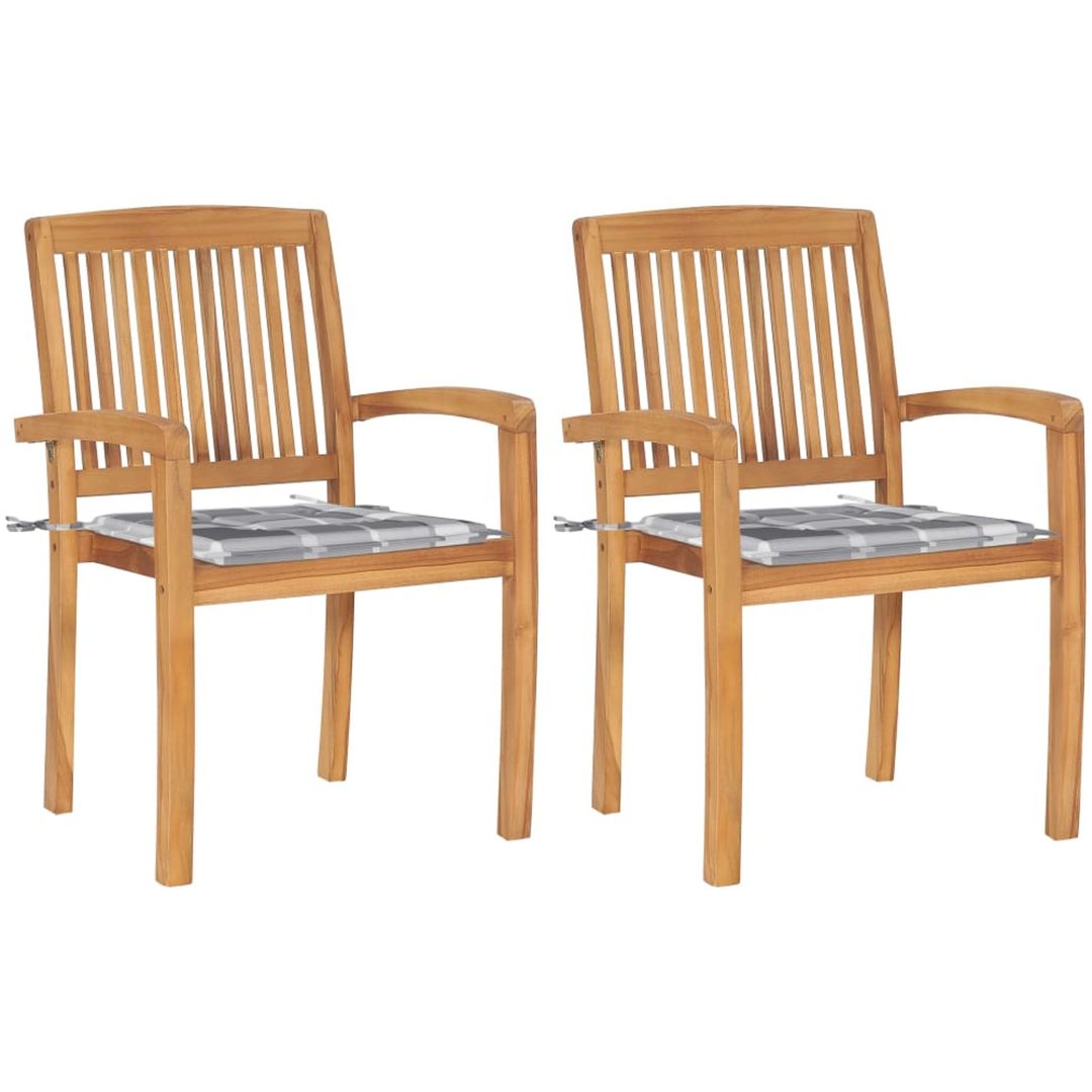 Trädgårdsstolar 2 st med grårutiga dynor massiv teak vidaXL