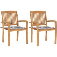 Trädgårdsstolar 2 st med grårutiga dynor massiv teak vidaXL