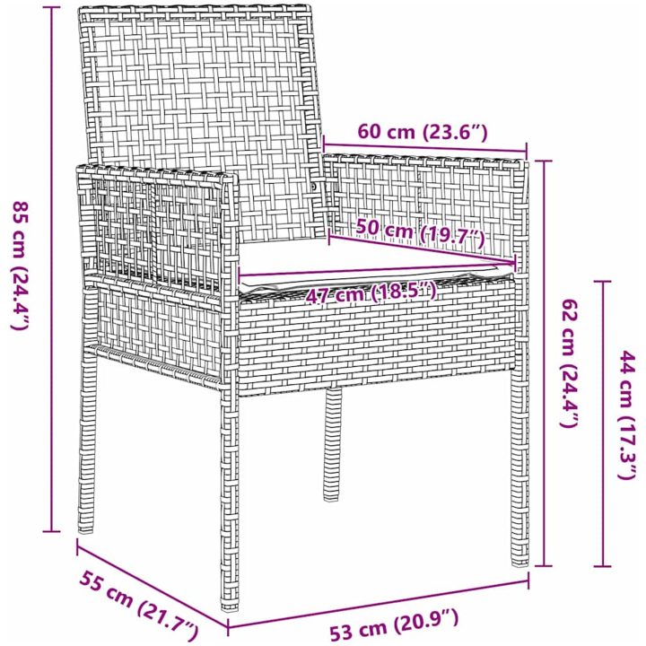 Trädgårdsstolar 2 st med Kuddar Brun Poly Rattan vidaXL 53 x 60 x 85 cm – bild 10