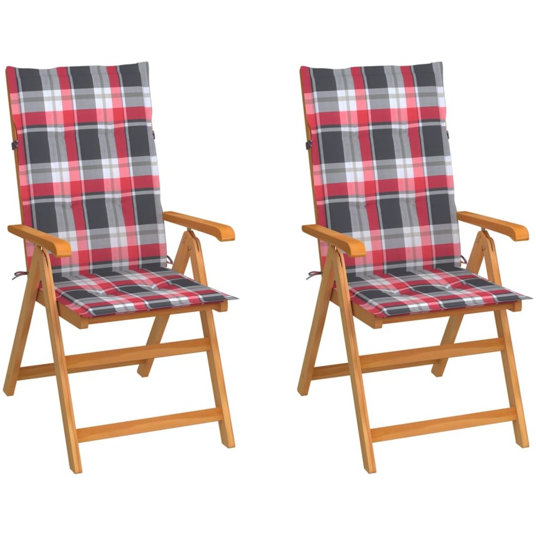 Trädgårdsstolar 2 st med rödrutiga dynor massiv teak vidaXL