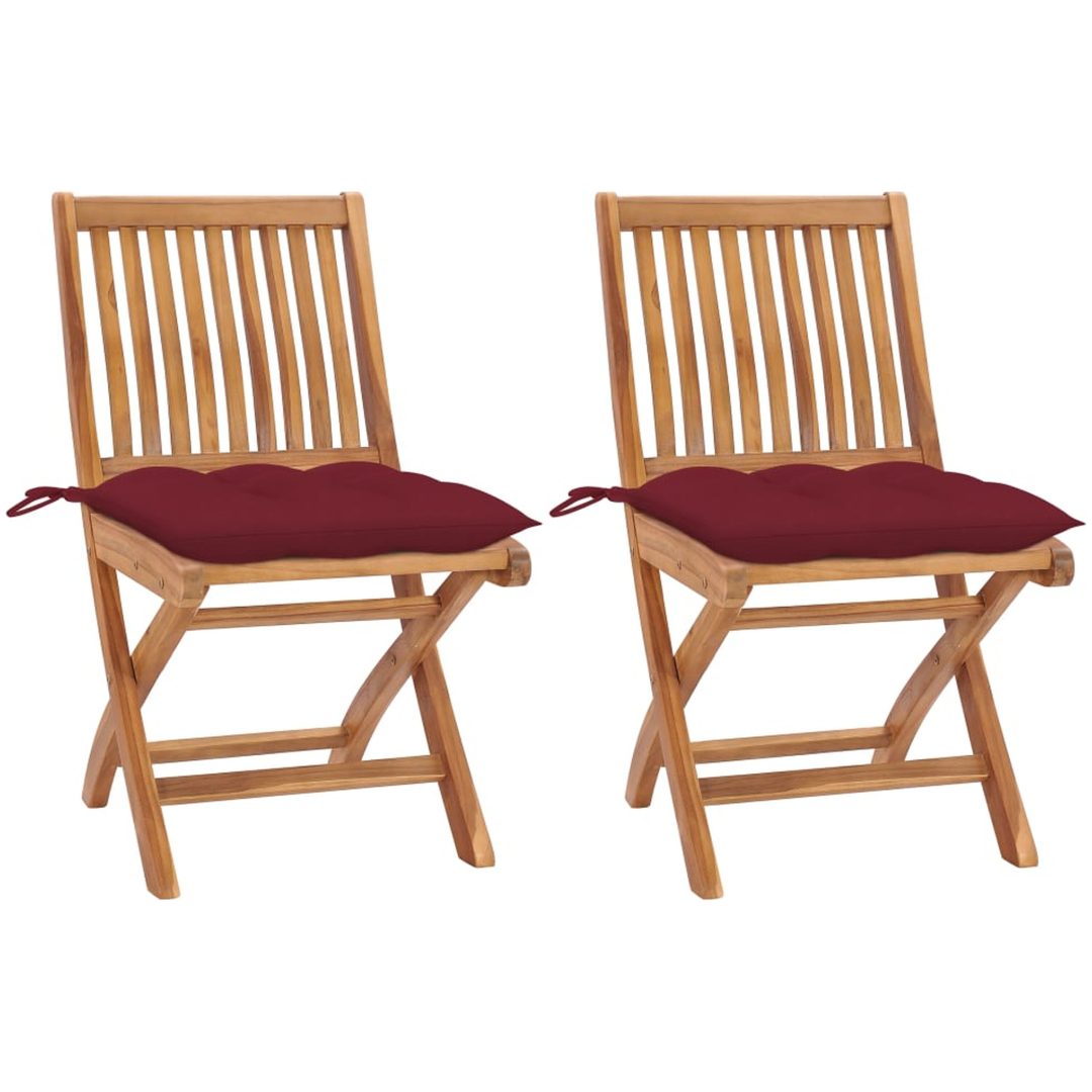 Trädgårdsstolar 2 st med vinröda dynor massiv teak vidaXL