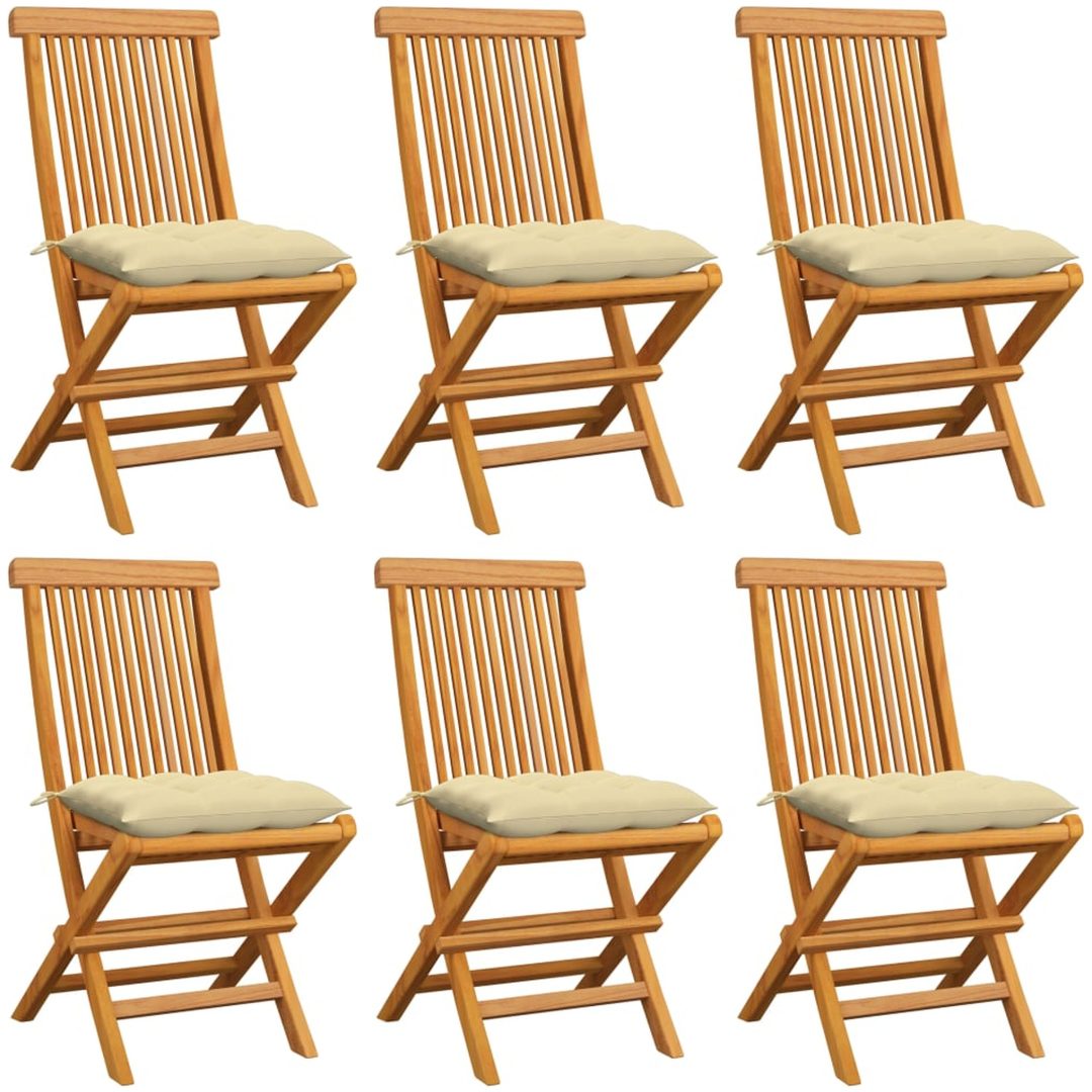 Trädgårdsstolar 6 st med gräddvita dynor massiv teak vidaXL