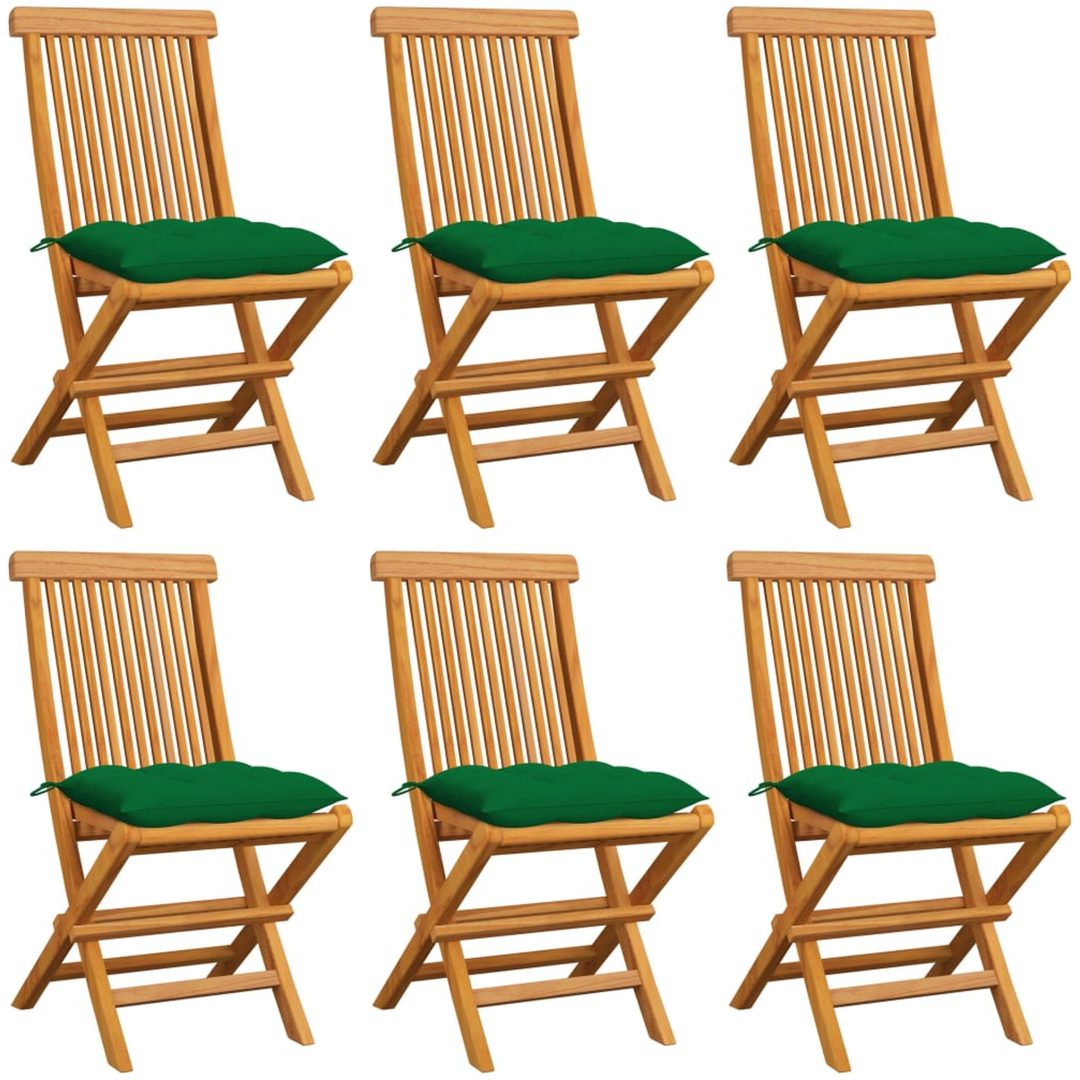 Trädgårdsstolar 6 st med gröna dynor massiv teak vidaXL
