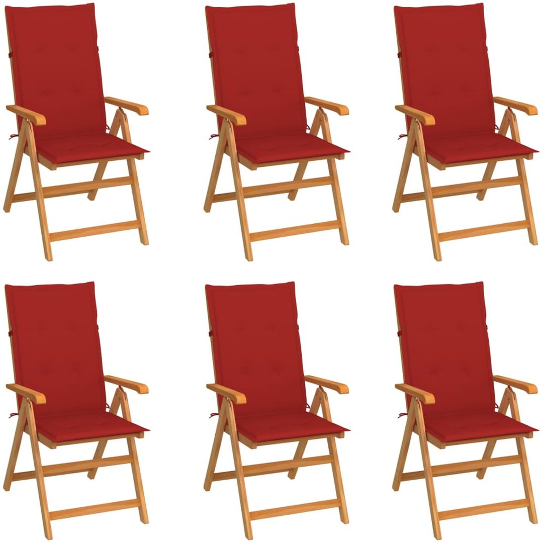 Trädgårdsstolar 6 st med röda dynor massiv teak vidaXL