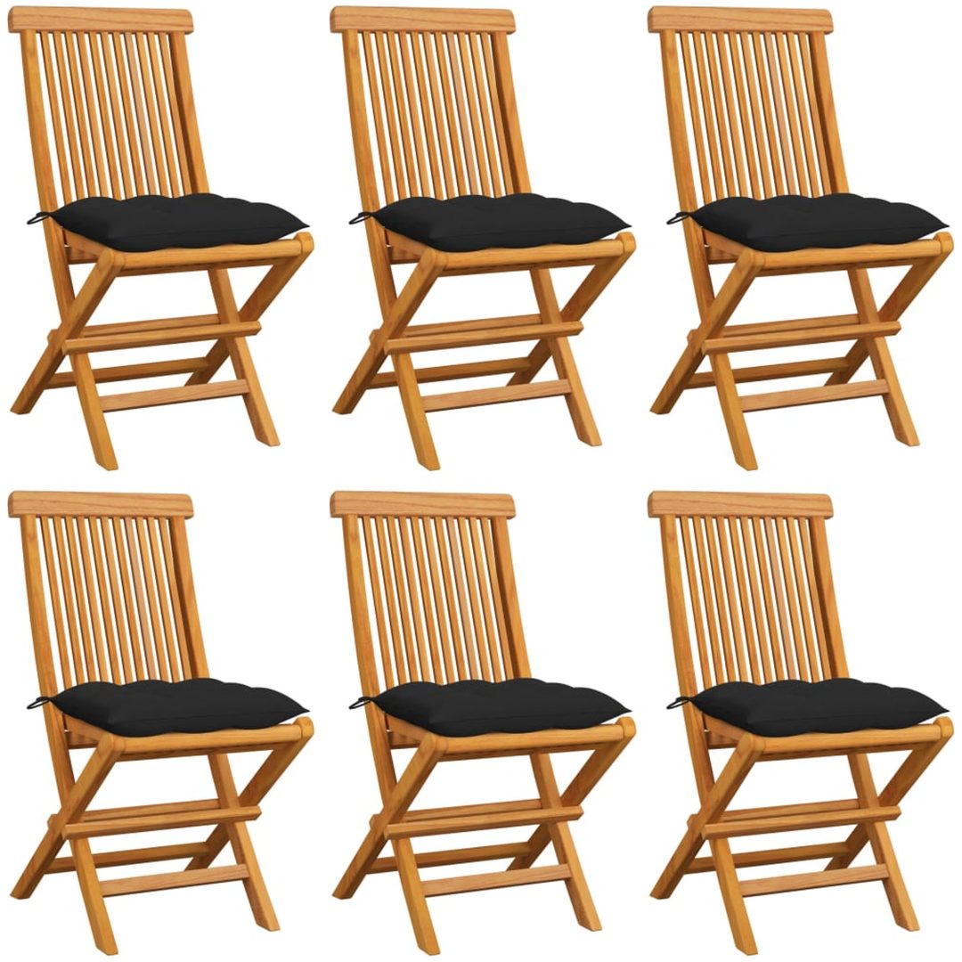Trädgårdsstolar 6 st med svarta dynor massiv teak vidaXL