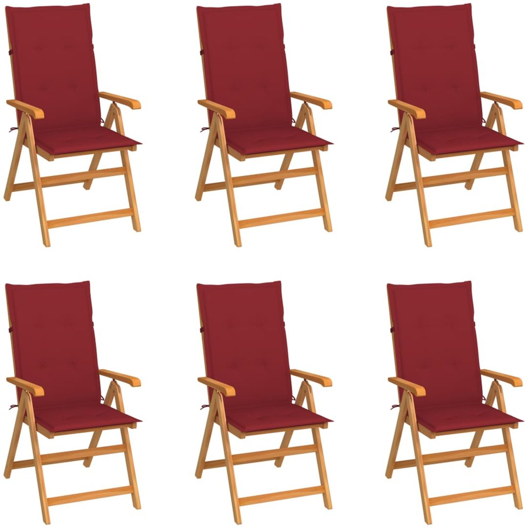 Trädgårdsstolar 6 st med vinröda dynor massiv teak vidaXL