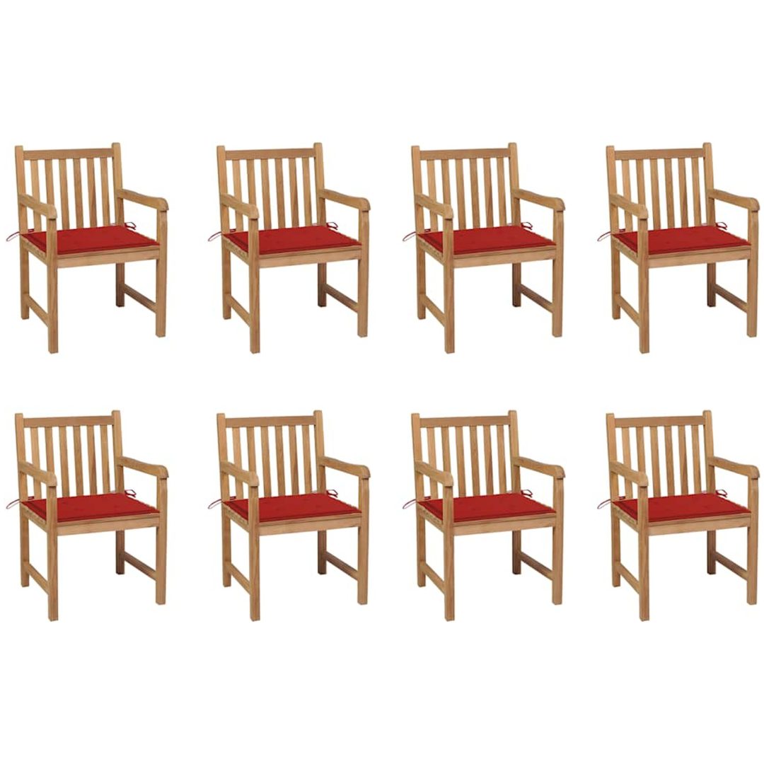 Trädgårdsstolar 8 st med röda dynor massiv teak vidaXL