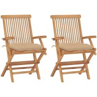 Trädgårdsstolar med beige dynor 2 st massivt teakträ vidaXL