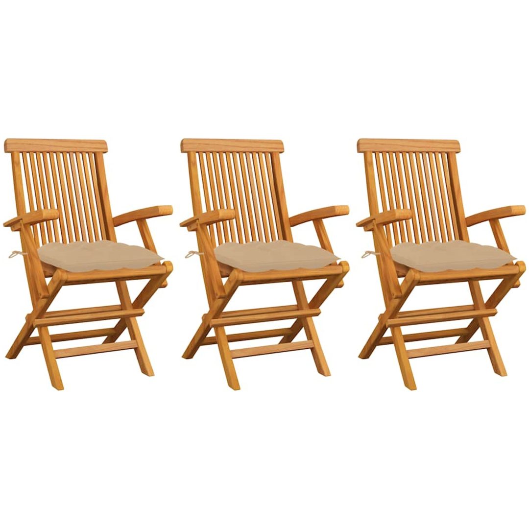 Trädgårdsstolar med beige dynor 3 st massiv teak vidaXL