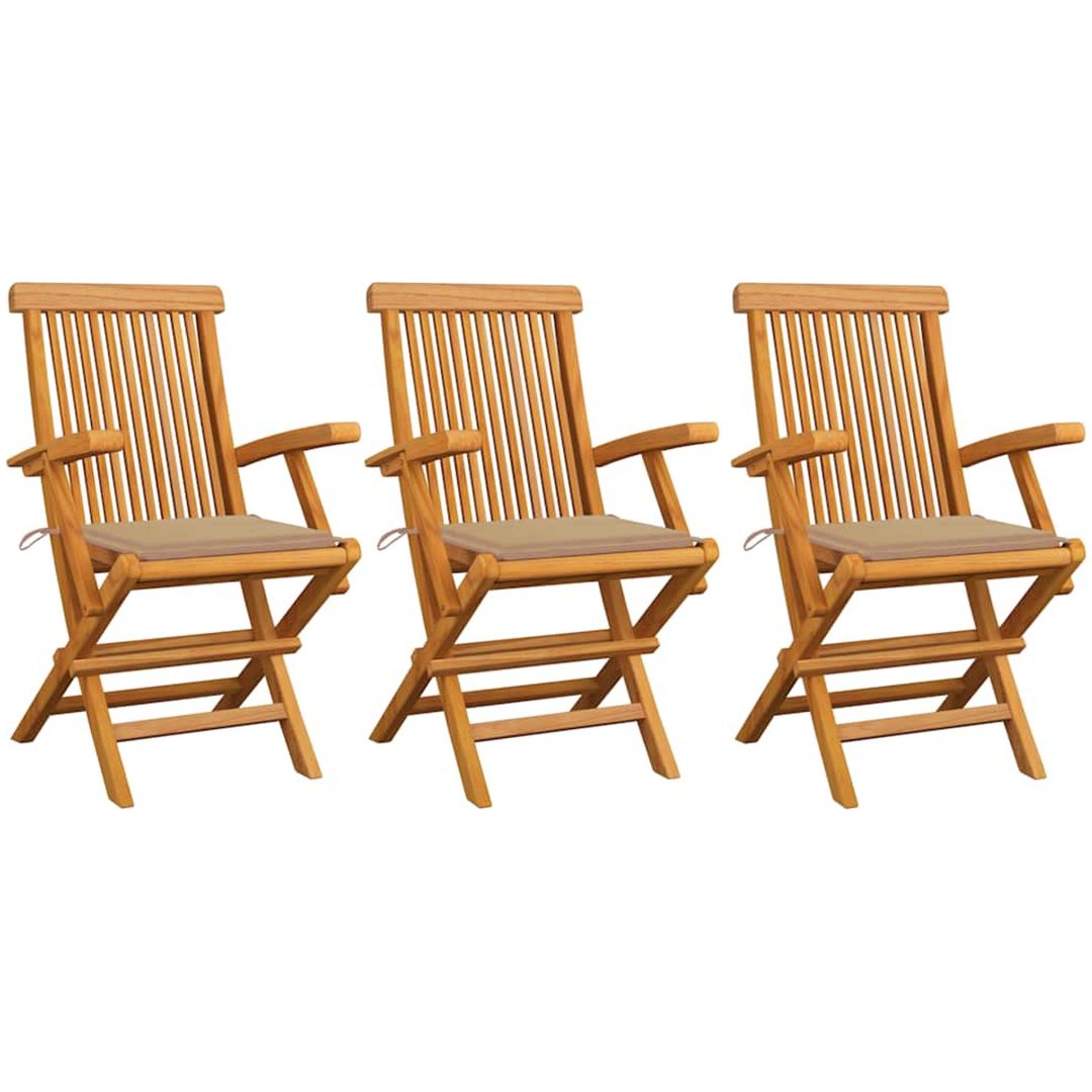 Trädgårdsstolar med beige dynor 3 st massivt teakträ vidaXL