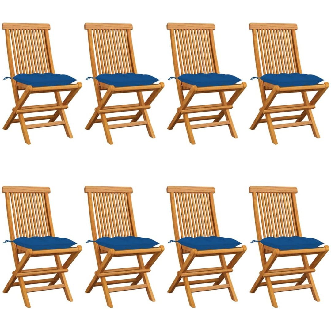 Trädgårdsstolar med blå dynor 8 st massiv teak vidaXL