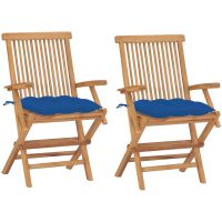 Trädgårdsstolar med blåa dynor 2 st massivt teakträ vidaXL