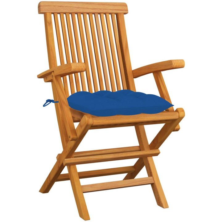 Trädgårdsstolar med blåa dynor 3 st massiv teak vidaXL – bild 2