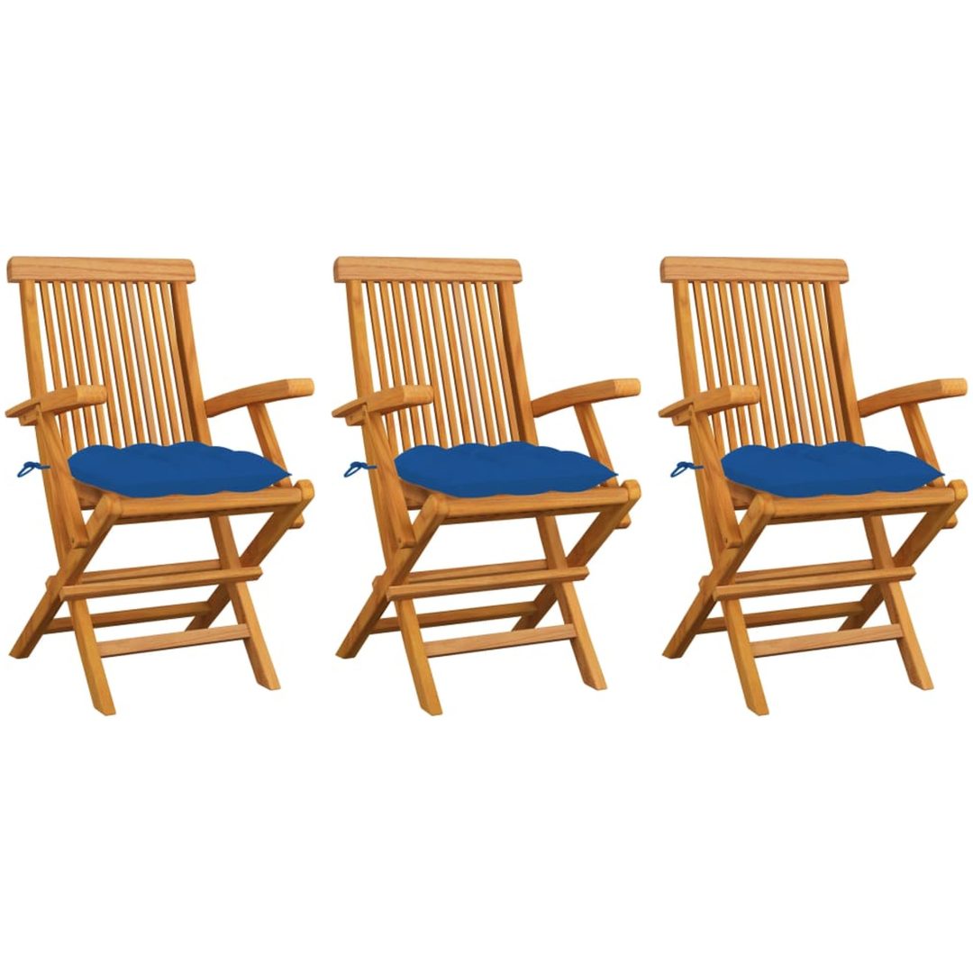 Trädgårdsstolar med blåa dynor 3 st massiv teak vidaXL