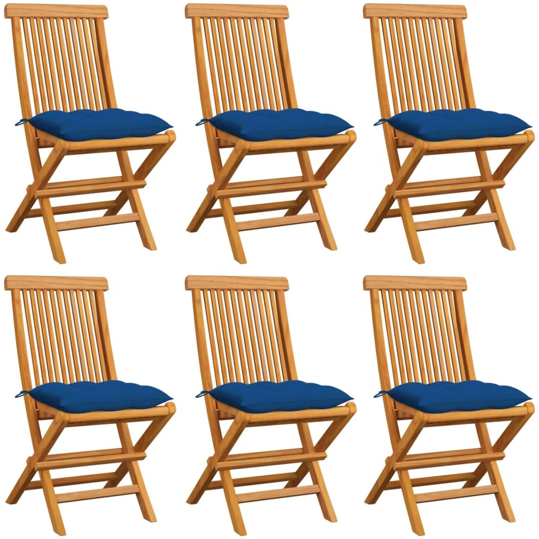 Trädgårdsstolar med blåa dynor 6 st massiv teak vidaXL