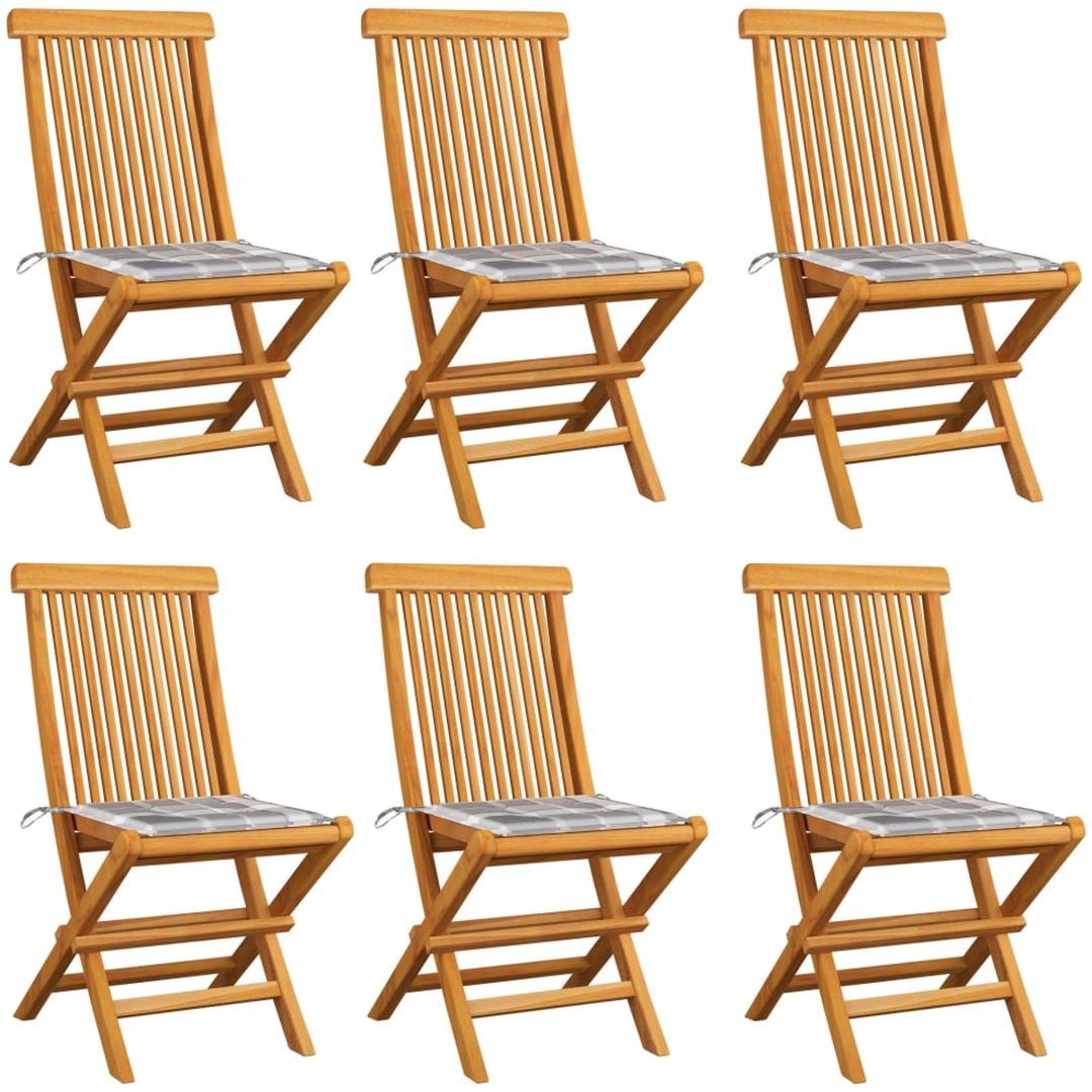 Trädgårdsstolar med dynor grått rutmönster 6 st massiv teak vidaXL