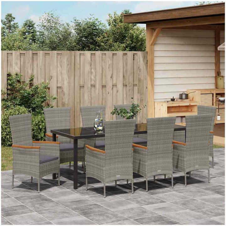 Trädgårdsstolar med dynor med kudde 9 pcs Grå vidaXL 200 x 80 x 73 cm – bild 4
