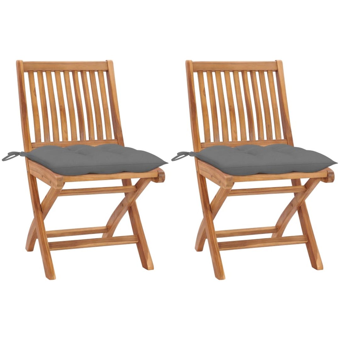 Trädgårdsstolar med gråa dynor 2 st massiv teak vidaXL