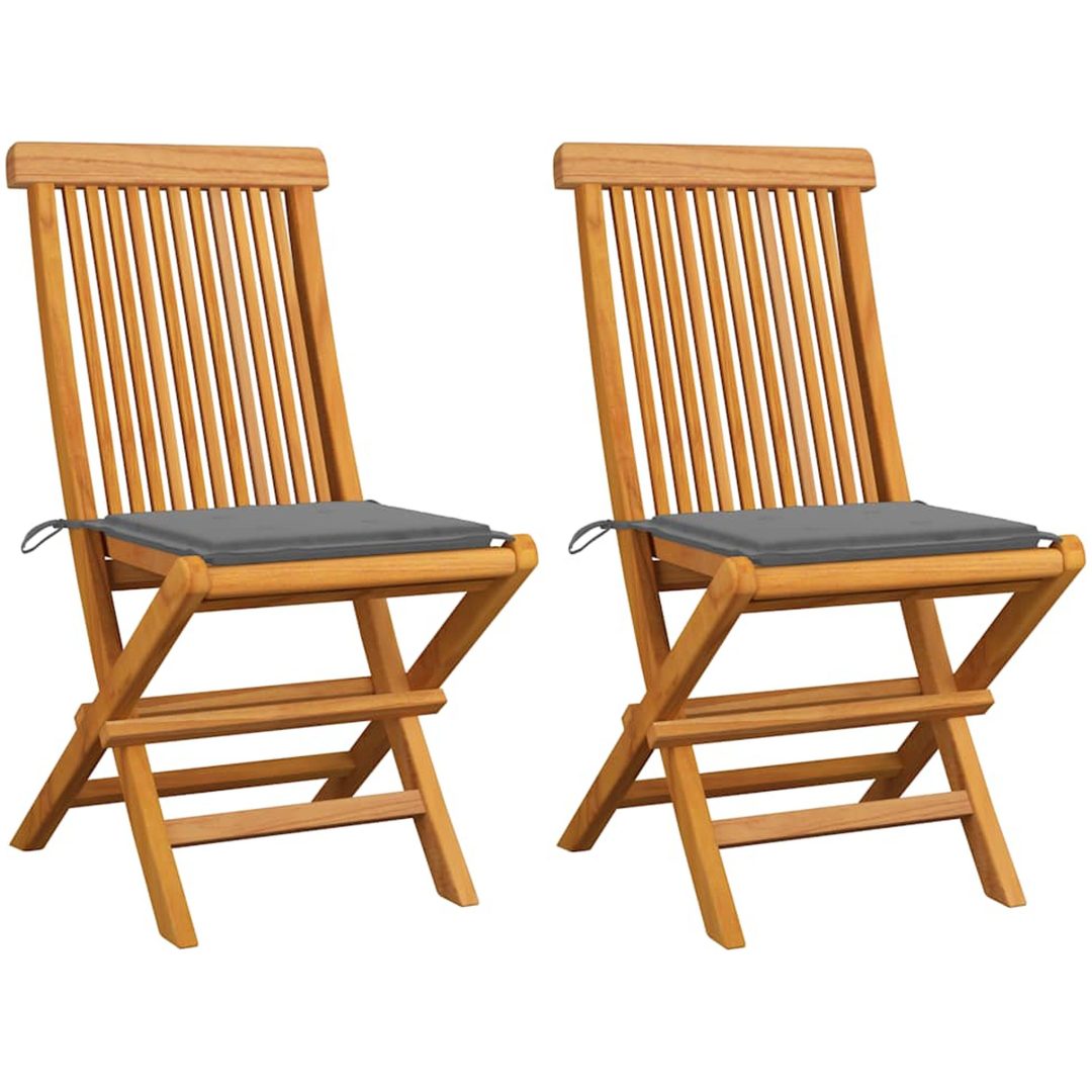 Trädgårdsstolar med gråa dynor 2 st massivt teakträ vidaXL