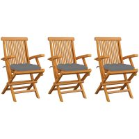 Trädgårdsstolar med gråa dynor 3 st massiv teak vidaXL