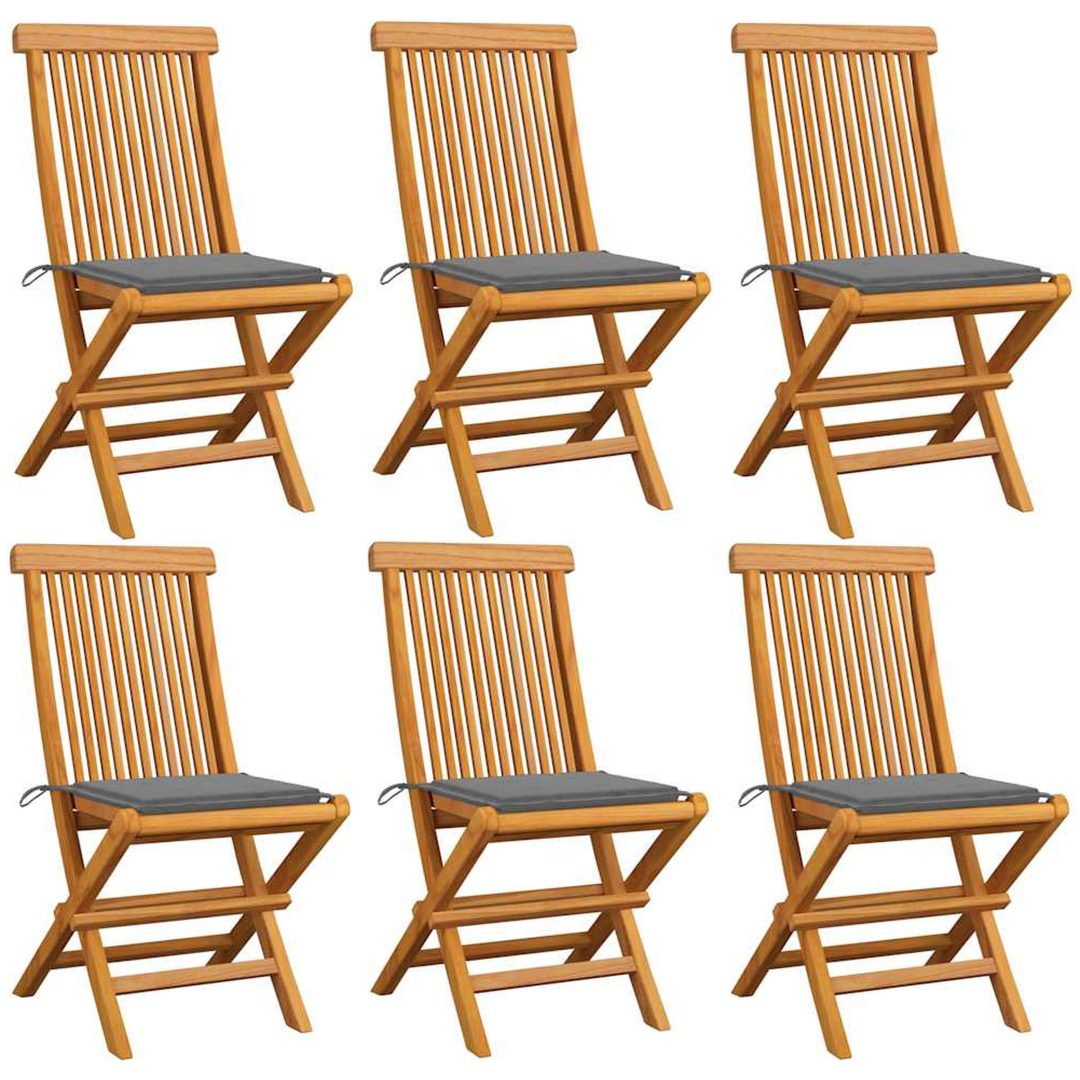 Trädgårdsstolar med gråa dynor 6 st massiv teak vidaXL