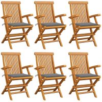 Trädgårdsstolar med gråa dynor 6 st massiv teak vidaXL