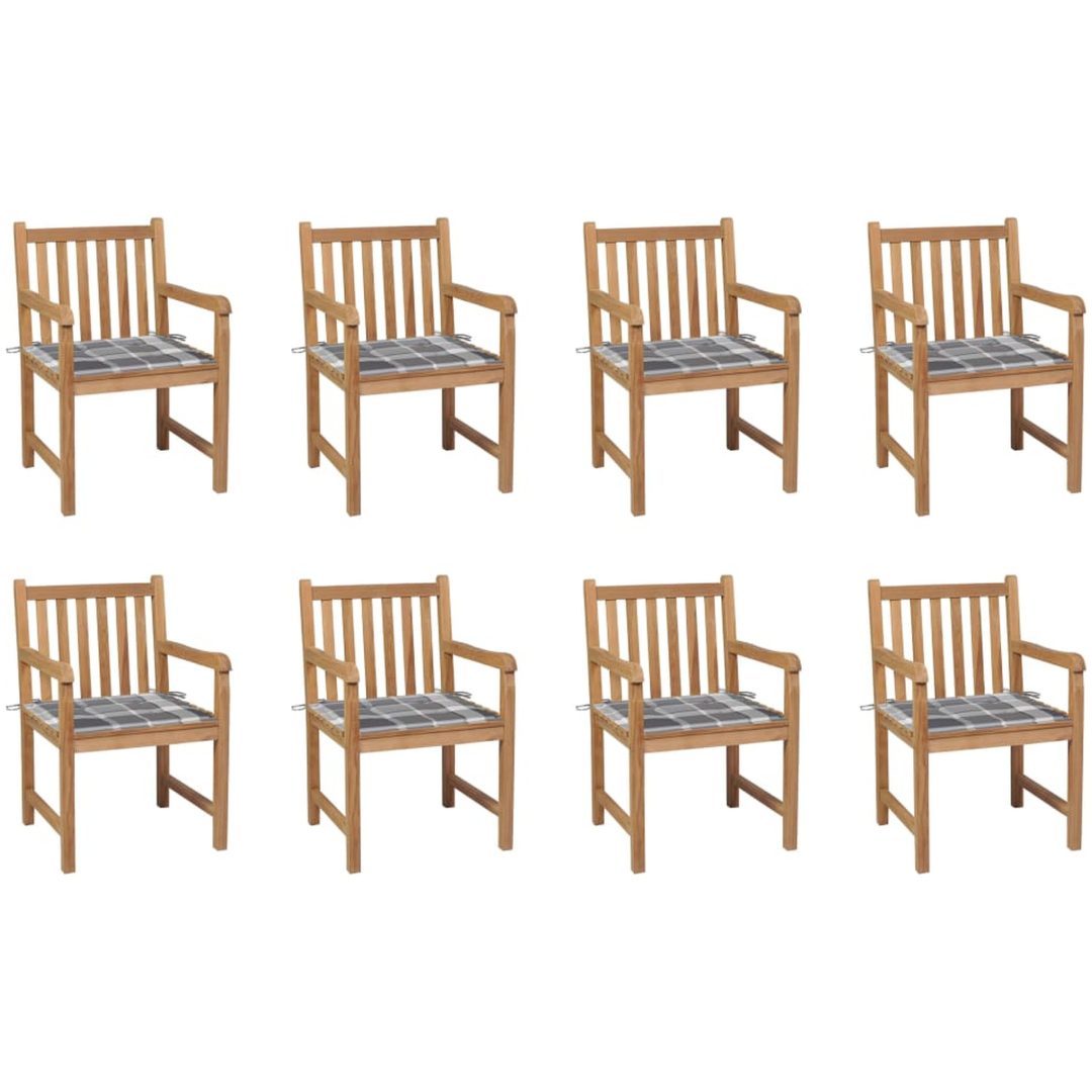 Trädgårdsstolar med grårutiga dynor 8 st massiv teak vidaXL