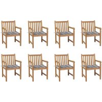 Trädgårdsstolar med grårutiga dynor 8 st massiv teak vidaXL