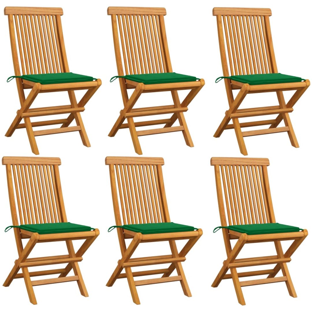 Trädgårdsstolar med gröna dynor 6 st massiv teak vidaXL