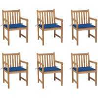 Trädgårdsstolar med kungsblåa dynor 6 st massiv teak vidaXL