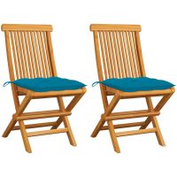 Trädgårdsstolar med ljusblåa dynor 2 st massiv teak vidaXL