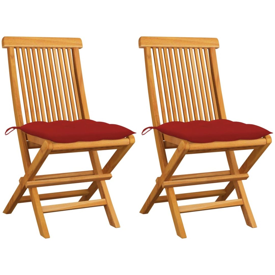 Trädgårdsstolar med röda dynor 2 st massiv teak vidaXL