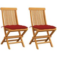 Trädgårdsstolar med röda dynor 2 st massiv teak vidaXL