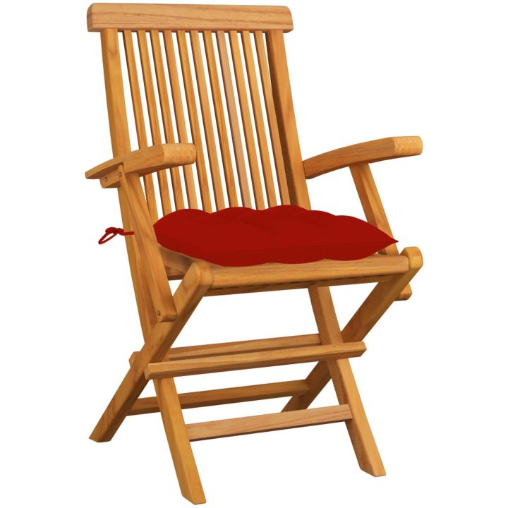 Trädgårdsstolar med röda dynor 3 st massiv teak vidaXL – bild 2