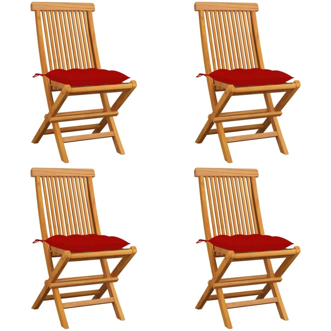 Trädgårdsstolar med röda dynor 4 st massiv teak vidaXL