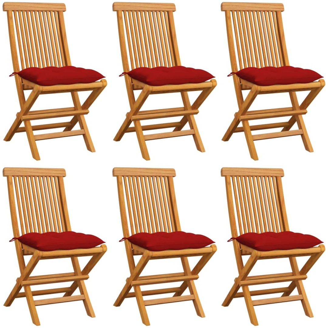 Trädgårdsstolar med röda dynor 6 st massiv teak vidaXL
